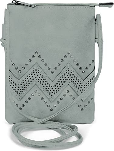 styleBREAKER Damen Mini Bag Umhängetasche mit Zick-Zack Cutout und Nieten, Schultertasche, Handtasche, Tasche 02012211, Farbe:Grau-Blau