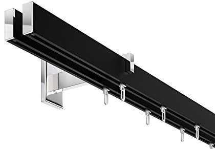 DécoProfi Gardinenstange Innenlauf 2-läufig Set Long rechteckig Schwarz/Verchromt I Länge: 200cm Aluminium für Wandmontage I Als Gardinenschiene & Vorhangstange geeignet