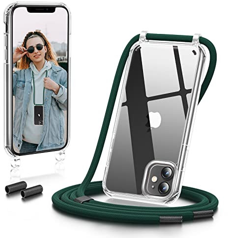 GOODVISH Coque Transparente avec Cordon de Collier pour iPhone 11 6,1 Pouces, Housse TPU Anti-Choc avec Cordon Réglable, Étui Protection Complète Cover de iPhone XI, Forêt Vert
