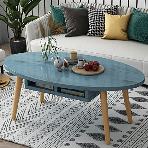 ZXFDM Ovaler Couchtisch,Nordic Apartment Wood Low Table,Kreativer Couchtisch mit offenen Schubladen,Möbel im schlichten Design, Teetisch, Akzent-Beistelltisch, Sofatisch,Blau,80×40×43cm