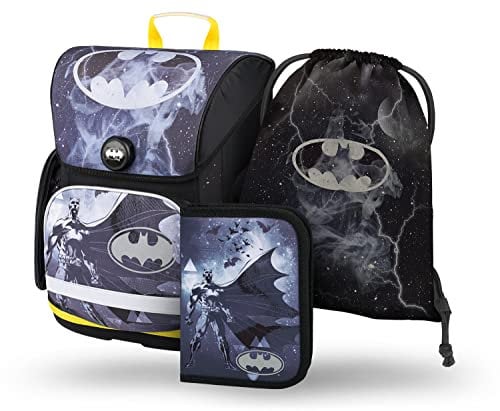 Baagl Schulranzen Jungen Set 3 Teilig, Ergo Schultasche für 1. Klasse, Ergonomische Grundschule Ranzen Tornister mit Brustgurt (Batman Storm)