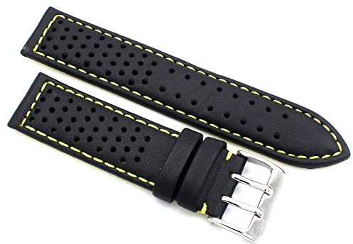 Sulla 20mm Racing Uhrenband Genuine Leder Schwarz gelbe Naht