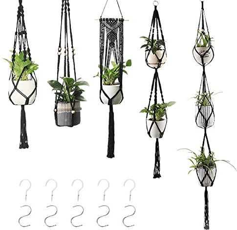 PAPABA Pflanzenampel, Gartenzubehör, Blumentopf, geflochtene Netztasche, Topftablett, Wanddekoration, Makramee Schwarz