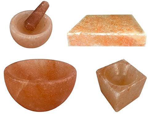SudoreWell® Salz Set mit Salat Bowl, Salzbox, Salzmörser und- stößel + Salz Grillstein quadratisch 20 x 20 x 5 cm aus rosa Steinsalz hergestellt in der Salt Range Pakistan