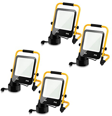 Yakimz LED Baustrahler Arbeitsleuchte Strahler 150W 13000LM Bauscheinwerfer mit 3m Stromkabel IP66 Austellenlampe Tragbar und Faltbarer 216 LEDs Fluter für Werkstatt Baustelle Garage, Kaltweiß, 4er