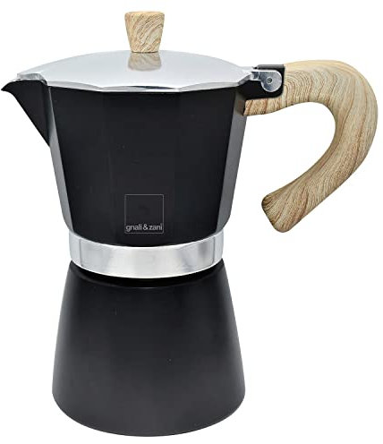 Gnali & Zani Venezia - Caffettiera per caffè espresso | nero | per 3 tazze | tutti i piani cottura inclusi a induzione | in alluminio | Manici in plastica soft touch effetto legno | Caffettiera da