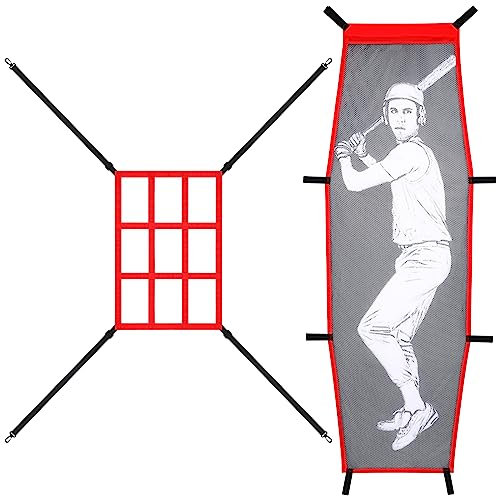 Gsbomzap 2 x Baseball-Softball-Pitching-Ziel und Dummy-Batter, verstellbares Baseball-Pitching-Netz, Trainingshilfen, 9-Loch-Schlagzonen-Befestigung, Baseball- und Softball-Übungsnetz für