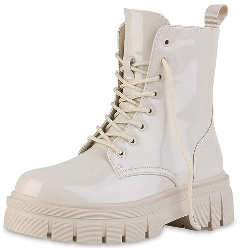 VAN HILL Damen Plateau Boots Blockabsatz Lack Trendy Schuhe 213241 Beige Beige Lack 37