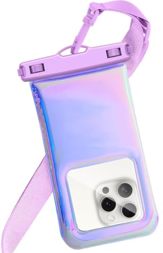 Foweroty Floatable Waterproof Phone Pouch Case for iPhone 17 16 Pro Max/15/14/13/12, IP68 Travel Cellphone Dry Bag Beach Cruise Ship Essentials Bags with Crossbody Lanyard, Iridescent Purple - 7″