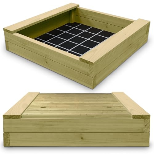 Gartenwelt Riegelsberger Massiver Sandkasten Bär 195 x 195 cm aus Kiefernholz Sandkiste Sandbox mit passendem Deckel Spielkasten inkl. Sitzbretter und Bodenplane