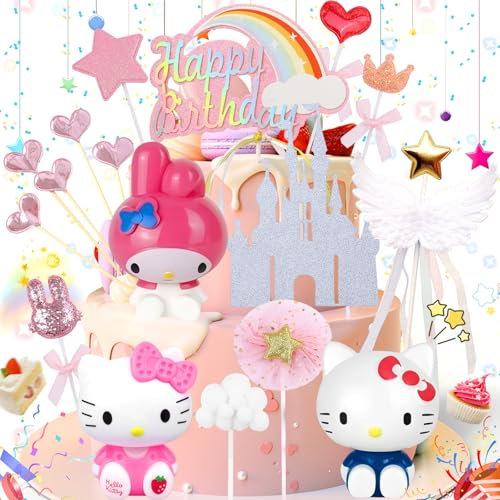 dcas 17 Pièces Mignon Chat Gâteau Toppers, Décoration Gateau Kitty, Decoration Kitty Gateau Anniversaire Fille, Deco Gateau Cartoon Chat, Chat Décorations Gâteaux Pour Enfants
