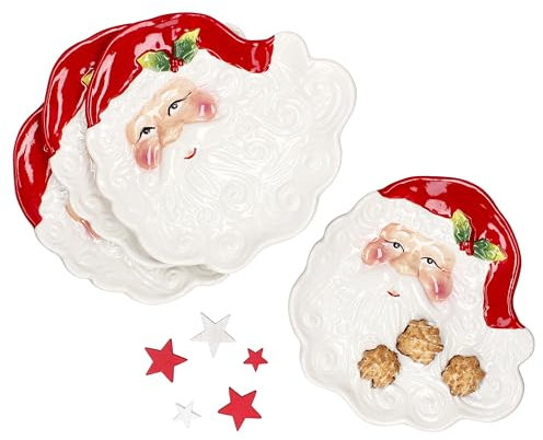 MamboCat 4er Set Gebäckteller Santa I Keksteller mit Gesicht vom Weihnachtsmann I 3D-Optik I Nikolaus, Adventszeit, Christmas, Weihnachten I Servierplatte, Kuchenplatte I Steingut