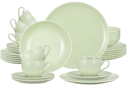 Seltmann Weiden Amina Seladon Kombiservice 30-teilig, Komplettes Geschirr-Set für 6 Personen, Tafel- und Kaffee-Geschirr mit dezentem Relief-Muster, Porzellan, Grün