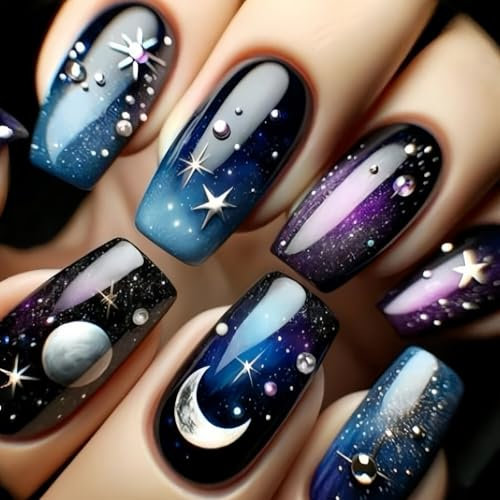 Tressora 24 Pcs Press on Nails Medium Sqaure Fake Nails Starlit Sky,Black False Nails with Artistic Embossed Designs Moon Stars Full Cover Stick on Nails Glue on Acrylic