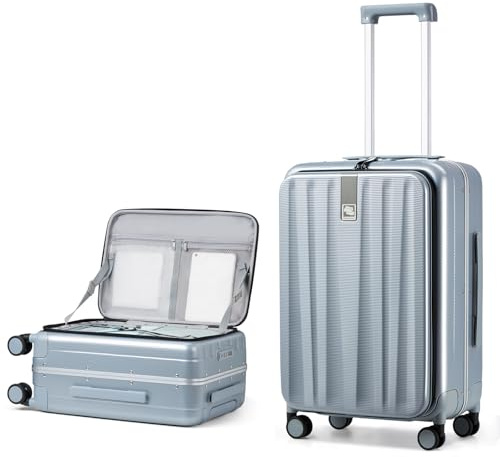 Hanke Hartschalenkoffer Mittelgroß Frontöffnung PC-Material Koffer Hartschale mit TSA-Schloss Aluminium Koffer mit 360° Spinner Silent-Räder 61cm(69L), Grau