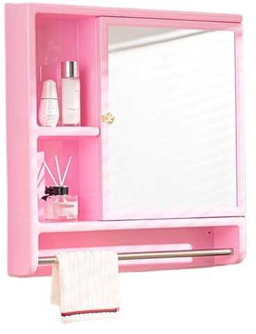 Badezimmer Wandschrank Spiegel aus Kunststoff Offener Stauraum Spiegelschrank Klein Schmal Keine Montage Erforderlich Geeignet für Badezimmer, Schlafzimmer und Ankleidezimmer(Pink)