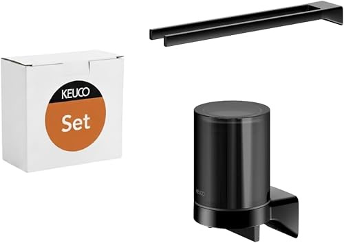 KEUCO Rose Set aus Seifenspender & Handtuchhalter, ohne Bohren, schwarz | 2-armig, 45 cm, 180 ml, Made in Germany, Metall, verchromt, inkl. Klebeset & Schraubset, Badezimmer Set zum Kleben /Schrauben