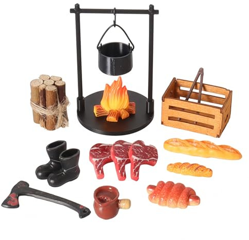 Ginwrek Feu de Camp Miniature Ensemble de Camping 16 pièces pour Maison poupée avec Barbecue Suspendu Steak et Accessoires Cuisine extérieure pour la Photographie et la décoration scènes.