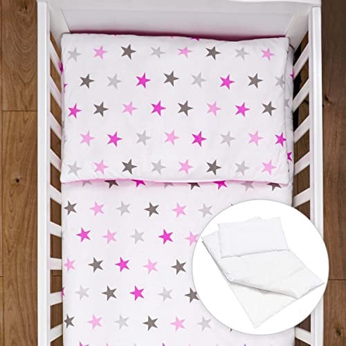 Baby Comfort 4 Piece Toddler Kids Cot Bed Set 120x90 cm Duvet Pillow Duvet Cover Pillowcase (Pink Stars)