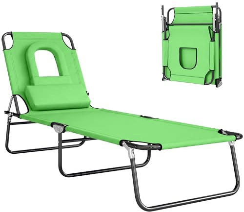 Outsunny Folding Sun Lounger with Face Hole, 4-Position Adjustable Backrest Garden Recliner Chair Sunbed, Outdoor Lounge Chair with 600 D Oxford Cloth Seat, Pillow for Beach, Green