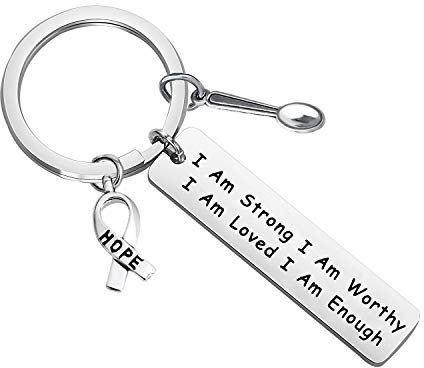 FUSTMW Spoon Theory Keychain - Spoonie Gift - Fibromyalgia Awareness - I Am Strong I Am Enough - Unisex - Silver