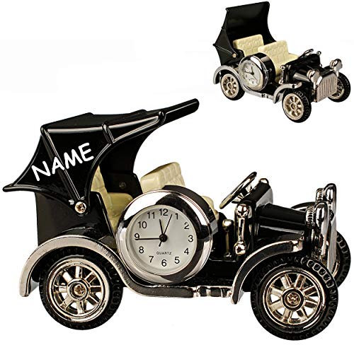 alles-meine.de GmbH kleine - Tischuhr/Miniatur - Uhr - Oldtimer - Auto/Taxi - inkl. Name - aus Metall - 9 cm - batteriebetrieben - Analog - Batterie - schwarz - Silber - Zahl..