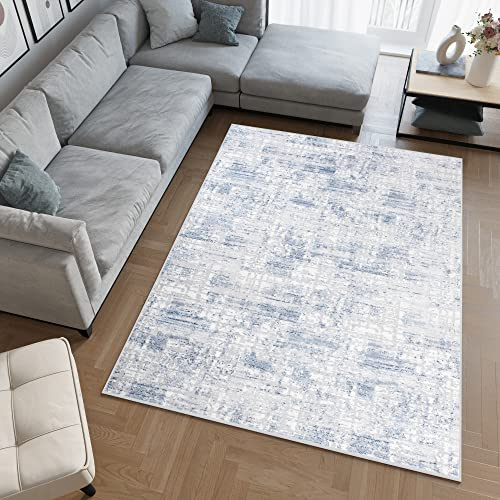TAPISO Sky Teppich Kurzflor Grau Creme Blau Streifen Patchwork 300 x 400 cm | Modern Meliert Verwischt Design Wohnzimmer Schlafzimmer 3D Optik OEKO-TEX