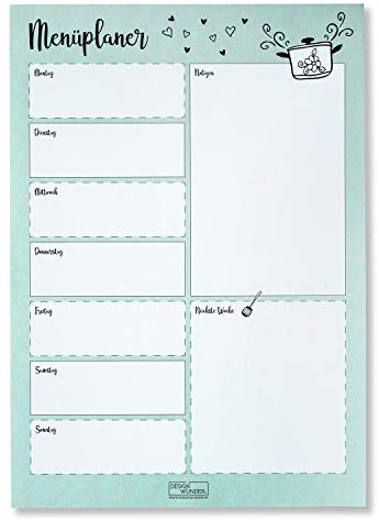 DESIGN WUNDER® Essensplaner zum Selberschreiben A4 [70 Blatt] - Menüplaner Block A4 für die ganze Woche – Essensplan als Wochenplan für Gerichte der Woche (Kreativ)