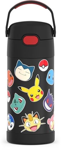 Thermos FUNTAINER Bouteille isotherme en acier inoxydable avec paille pour enfants, 355 ml, motif Pokémon