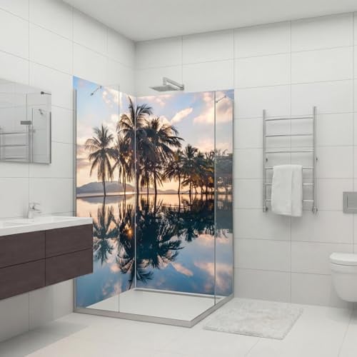 dedeco Eck-Duschrückwand wasserfest Motiv: Palmen V1, 2 x 90x200 cm, Badrückwand, Fliesenersatz fugenlos Wandverkleidung Duschplatte Duschrückwände aus Aluminium, Made in Germany