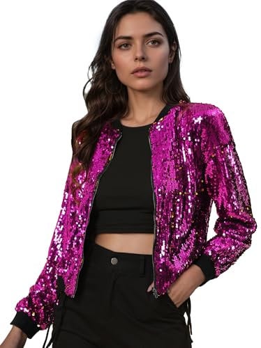 Allegra K Women's Glitter Cropped Long Sleeve Zipper Sequin Bomber Jacket Fuchsia S