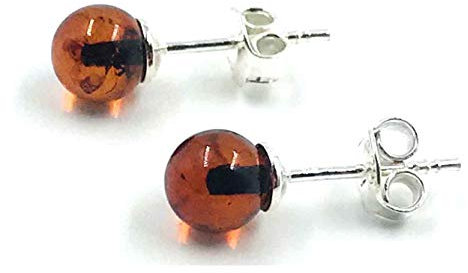 Boucles d'oreilles en ambre naturel de la Baltique en argent sterling Petites boucles d'oreilles rondes en ambre (Cognac)