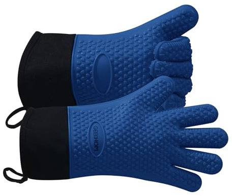 GEEKHOM Silicone Oven Gloves Heat Resistant Silicone Oven Mitts BBQ Gloves Waterproof Kitchen Gloves for Barbecue Grilling Weber Microwave, Non-Slip Oven Gloves with Fingers, Royal Blue
