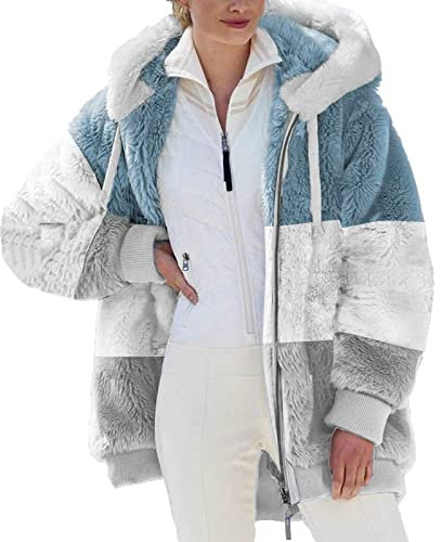 EMATOP Damen Kapuzenjacke Teddy Fleece Plüschjacke Farbblock Winterjacke Warm Mantel Casuale Zip Hoodie Cardigan Outwear Plüsch Verdickt Jacke Elegant Softshelljacke Große Größe Fleecejacke