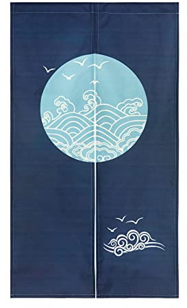 LIGICKY Japanischer Stil dick Leinen Noren Lang Vorhang Türvorhang Raumteiler Tapisserie für die Heimtextilien 85 x 150 cm, Blau, Kreis, Wellen und Seevögel