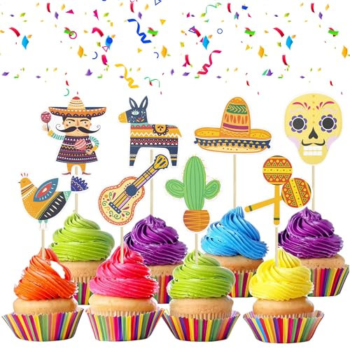 Gyufise 32 Stück Fiesta Cupcake Topper Mexikanische Themen Kuchen Dekorationen für mexikanische Themen Kaktus Esel Taco Pfeffer Sombrero Schnurrbart Babyshower Party Dekorationen