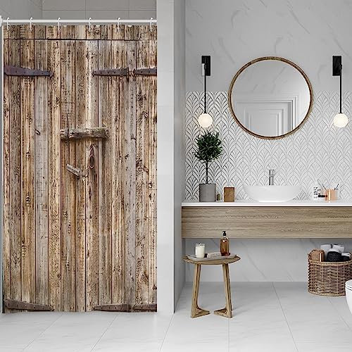 Sdotpmt 90x183cm Bois Planche Rideau de Douche Ancien Marron Grange Porte Bain Rustique Sol Maison de Ferme Rural Campagne Rideau de Baignoire Polyester pour Salle de Bain avec Crochets