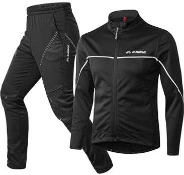 INBIKE Fahrradjacke+Hose Herren Softshelljacke Laucfhose lang Warm Winter Winddicht Wasserdicht Multifunktional Set Schwarz,L