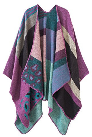 EXCHIC Femmes Rétro Plusieurs Couleurs Châle Cape Extra Large Hiver élégant Open Front Poncho Manteau (Violet-2)