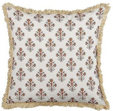 Beliani Dekokissen mit Füllung Blumenmuster Fransen weiß Baumwolle 45 x 45 cm Omorika