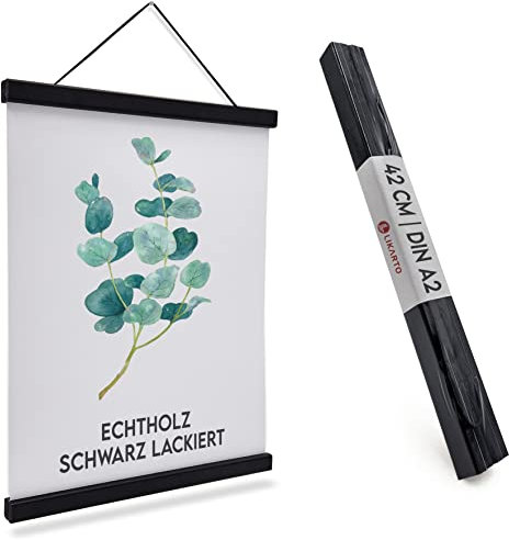 LIKARTO Premium-Posterleiste Holz Schwarz A2 | 42 cm - Hochwertige magnetische Bilderleiste aus Echtholz inklusive Lederband - Einfaches Bilder aufhängen
