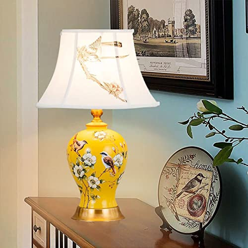 Klassische Blaue Keramik-Tischlampe Stoff Tischleuchte Vintage E27 Wohnzimmer Schlafzimmer Nachttischlampe Lampenschirm Studie Nachttisch Lichtdekoration Schreibtischleuchten Leselampe (Gelb)