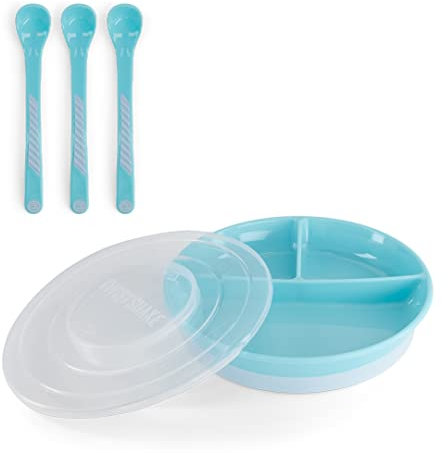 Twistshake Set De Vajilla Para Bebé | Plato Dividido + Cubiertos 3 Cucharas | Sin BPA | Kit De Entrenamiento De Alimentación Para Niños | Azul