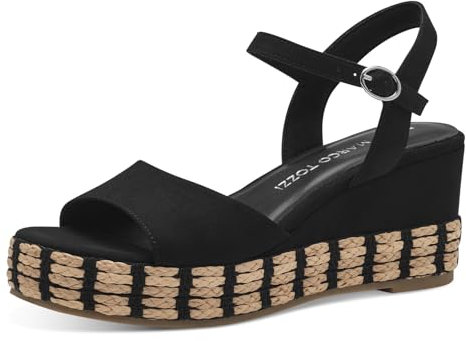 MARCO TOZZI Damen Sandalen mit Keilabsatz mit Verstellbarem Riemen Bequem, Schwarz (Schwarz), 39 EU