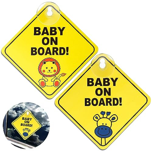 Lot de 2 autocollants « Baby on Board » avec ventouses, panneau d'avertissement très visible pour fenêtre, motif lion et girafe