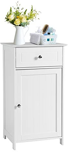 GIANTEX Meuble Salle de Bain Rangement, Armoire sur Pied avec Tiroir & Porte & Étagère Réglable 3 Positions, Organisateur Rangement Placard Commode pour Toilette Salon Chambre, 43 x 34 x 77 CM, Blanc