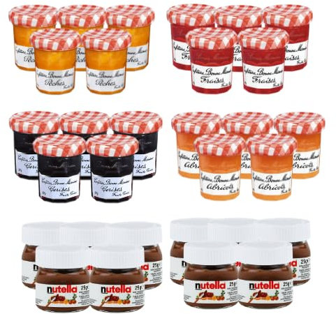BONNE MAMAN - NUTELLINO | Assortiment de 20 confitures BONNE MAMAN 30 gr (fraise, cerise, abricot,pêche) et de 10 Pâte à tartiner 25 gr | Pour un petit déjeuner ou un goûter réussi