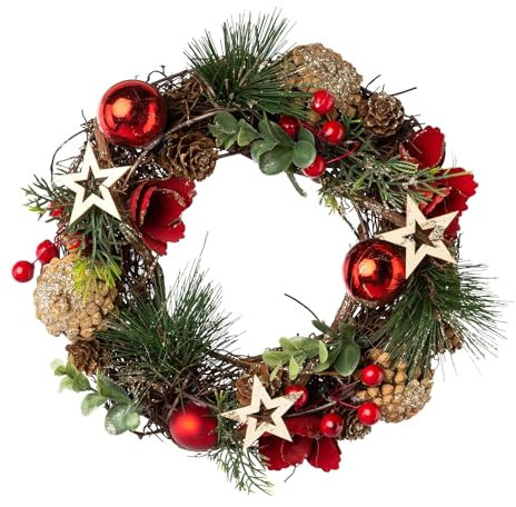 CREATIV Home künstlicher Rattan-Kranz 24x24x7cm in rot I Weihnachtskranz mit Zapfen & Weihnachtskugeln I hochwertige Weihnachtskranz Deko I Türschmuck Weihnachten ideal als Indoor Weihnachtsdeko