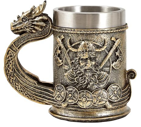 Ottalent Nordic Viking Beer Mug, Bronze Color Norse Viking Warrior Dragon Ship Tankard, Collectible Drinking Cup, Beer Stein 18fl oz.
