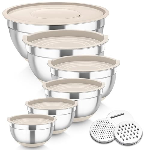 Homikit Mixing Bowls Set of 6, Stainless Steel Salad Bowls with Airtight Lids & 3 Grates, Metal Nesting Bowls for Mixing/Baking/Storing, Silicone Base - 0.7/1.2/1.6/2.5/2.8/4.6L (Khaki)